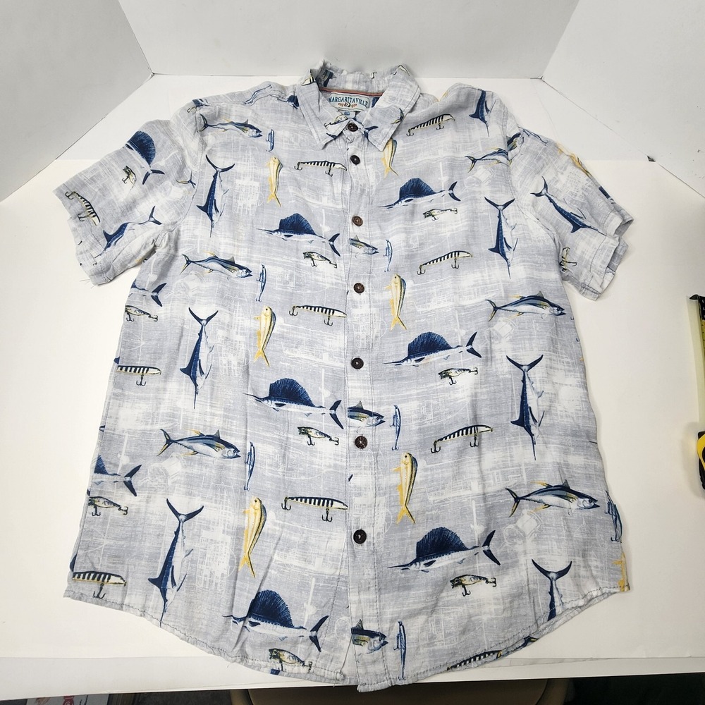Margaritaville Mens Gray Short Sleeve Sz‎ L Button Hawaiian Aloha Fishing Shirt